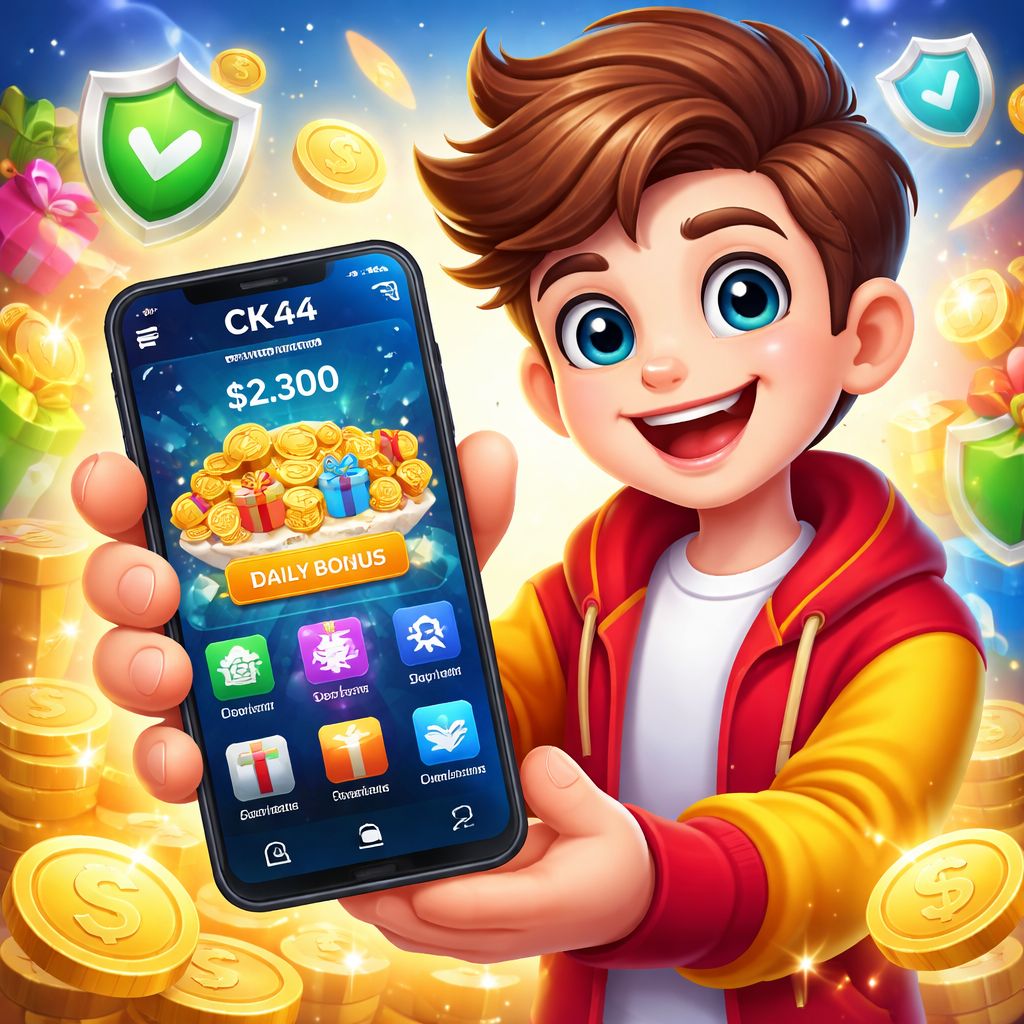 CK44 App cartoon character using an Android phone with reward icons