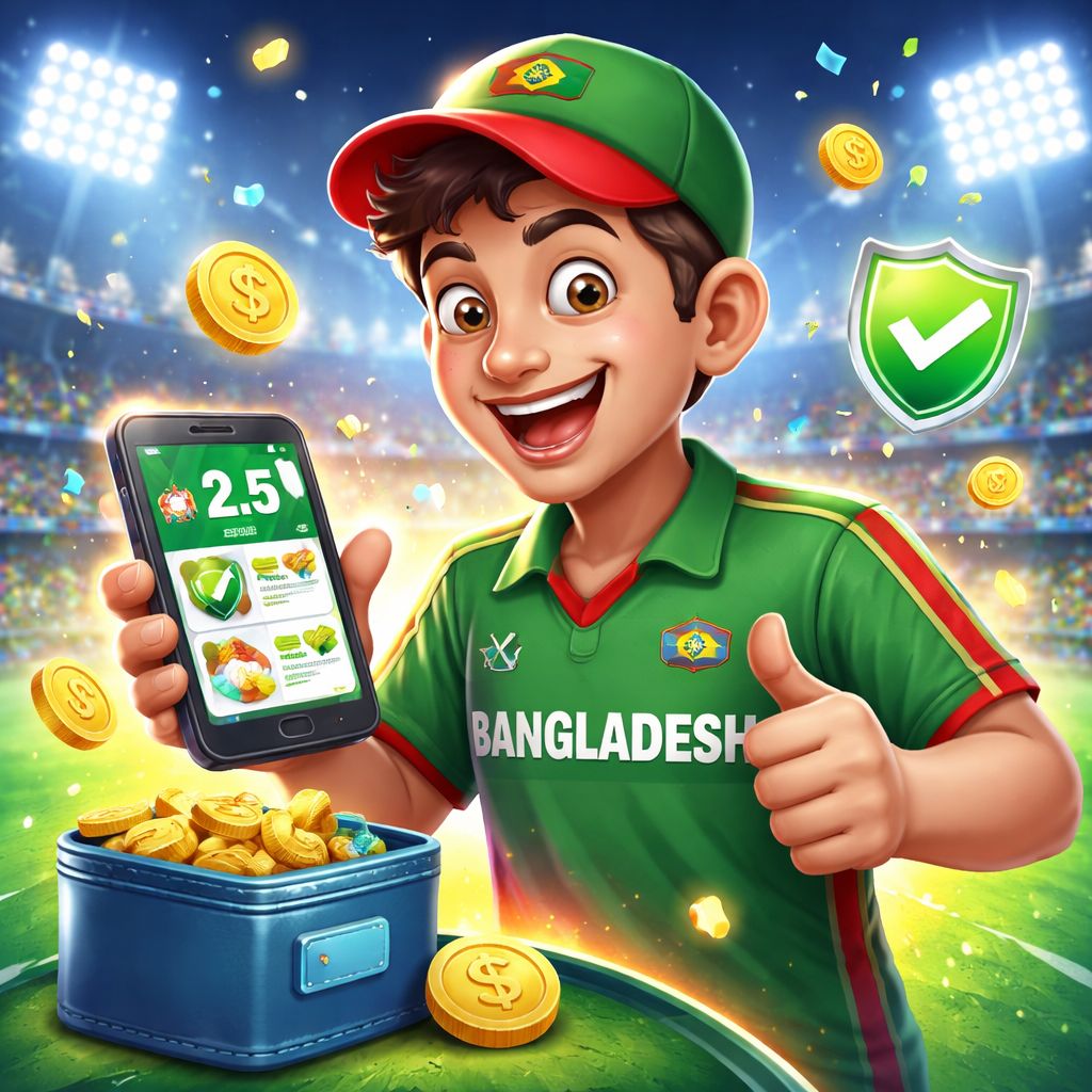 Cartoon cricket supporter checking CK44 Bet odds on a smartphone