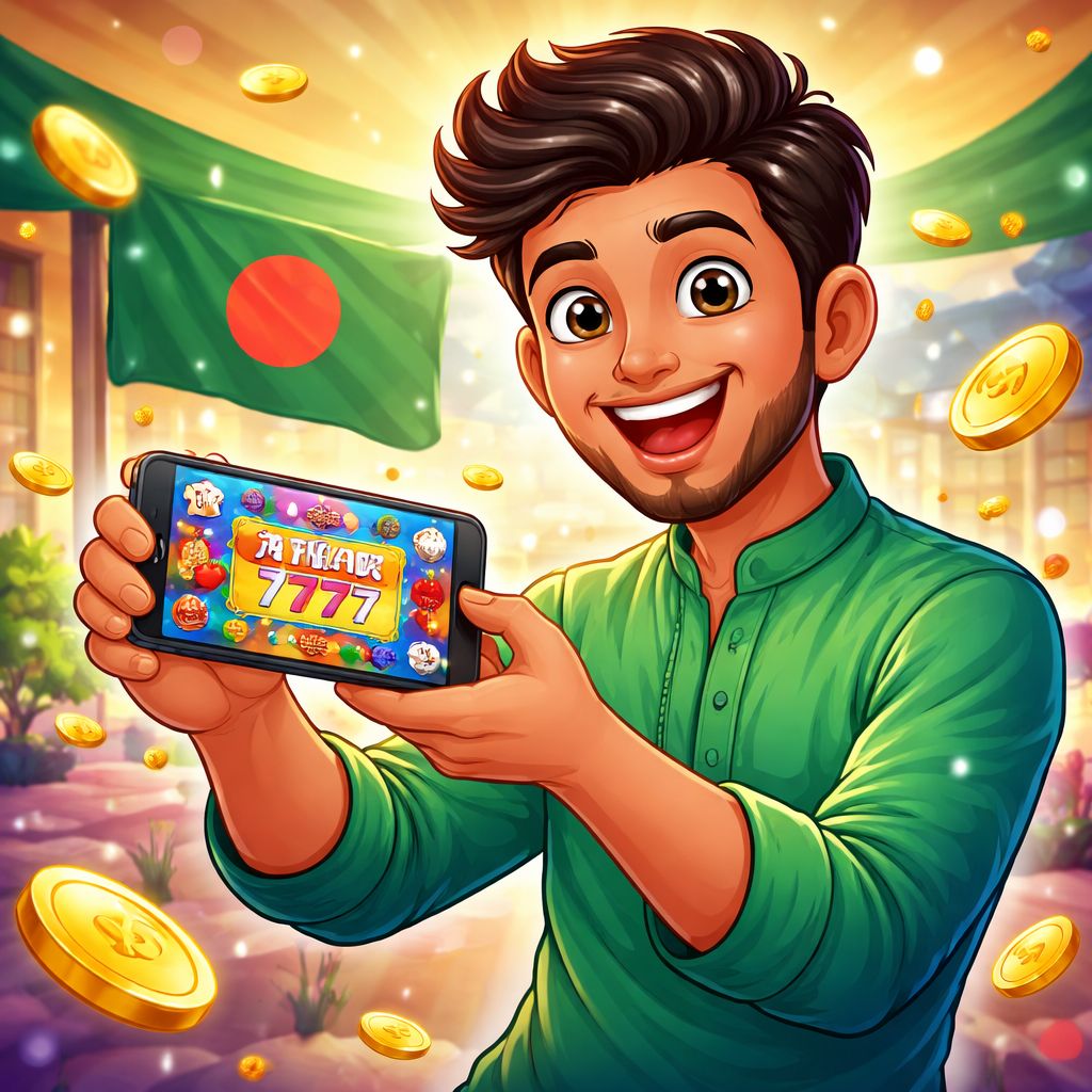 Cartoon casino player holding a phone with bright game icons and coins
