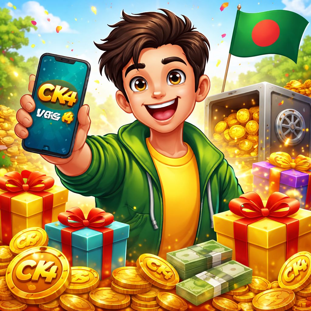 Cartoon CK44 player celebrating mobile casino rewards in Bangladesh