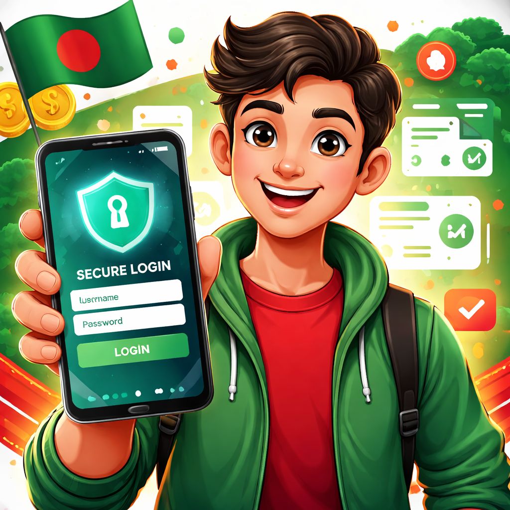 Cartoon character unlocking a secure CK44 mobile account on a smartphone