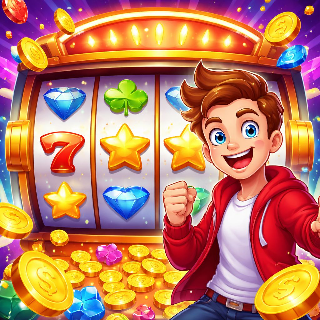 Cartoon CK44 Slots character celebrating a slot machine win with coins and bright reels